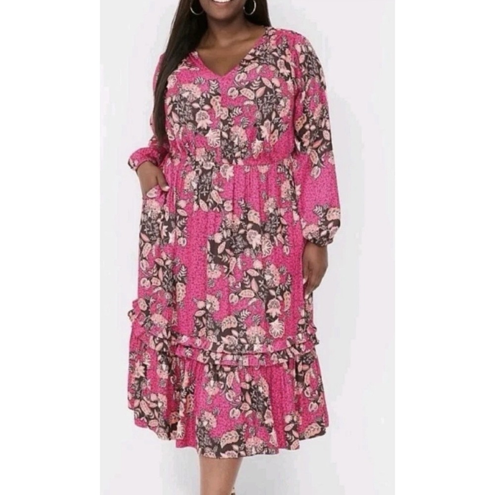 Lane Bryant Satin Floral Midi Dress Pink Brown V-Neck Long Sleeve New 14